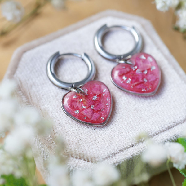 Heart earrings with peony petals