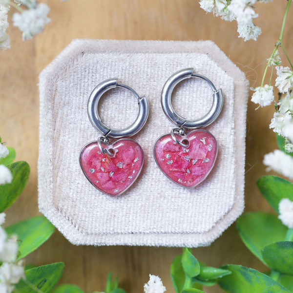 Heart earrings with peony petals