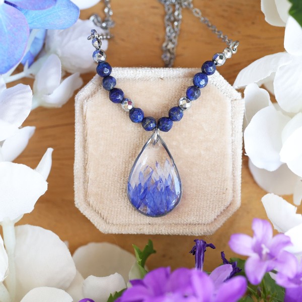 Necklace with cornflower petals