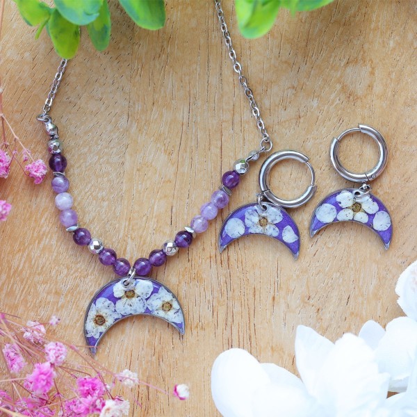 Lunula jewelry set with spirea and amethyst