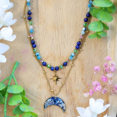 Podwójny naszyjnik lunula pełen kamieni z kwiatem dzikiej marchwi