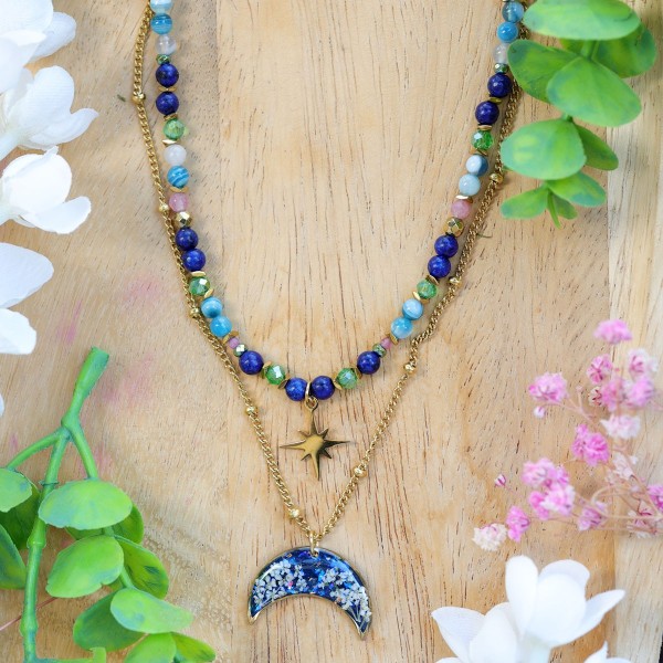 Double Lunula Necklace Full of Stones with Wild Carrot Flower