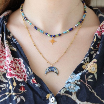 Podwójny naszyjnik lunula pełen kamieni z kwiatem dzikiej marchwi