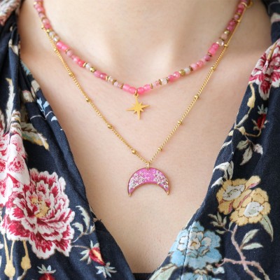 Podwójny naszyjnik lunula pełen kamieni z kwiatem dzikiej marchwi