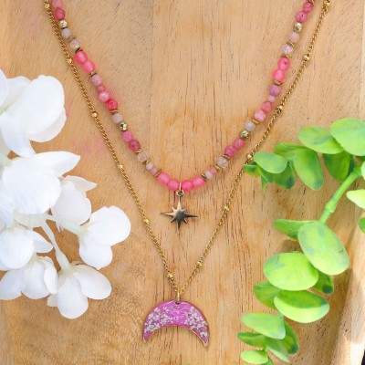 Podwójny naszyjnik lunula pełen kamieni z kwiatem dzikiej marchwi