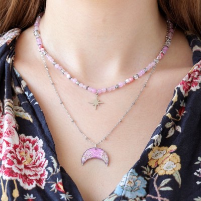 Podwójny naszyjnik lunula pełen kamieni z kwiatem dzikiej marchwi