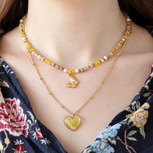 Double heart necklace full of stones with alyssum