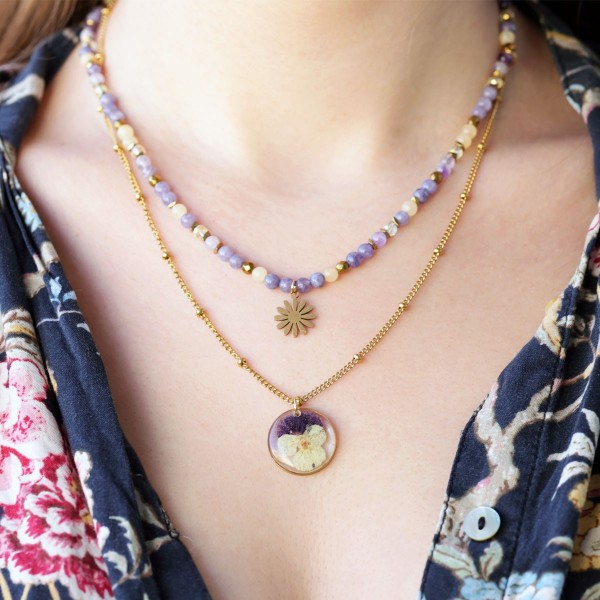 Double necklace heart full of stones with pansy