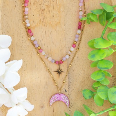 Podwójny naszyjnik lunula pełen kamieni z kwiatem dzikiej marchwi