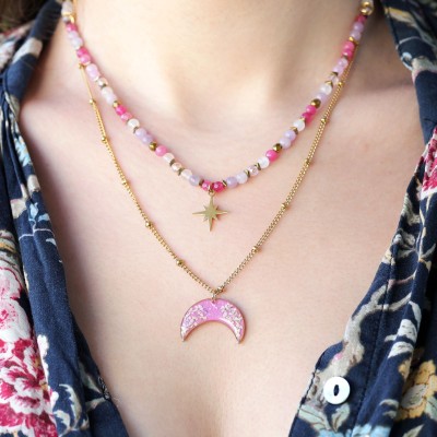 Podwójny naszyjnik lunula pełen kamieni z kwiatem dzikiej marchwi