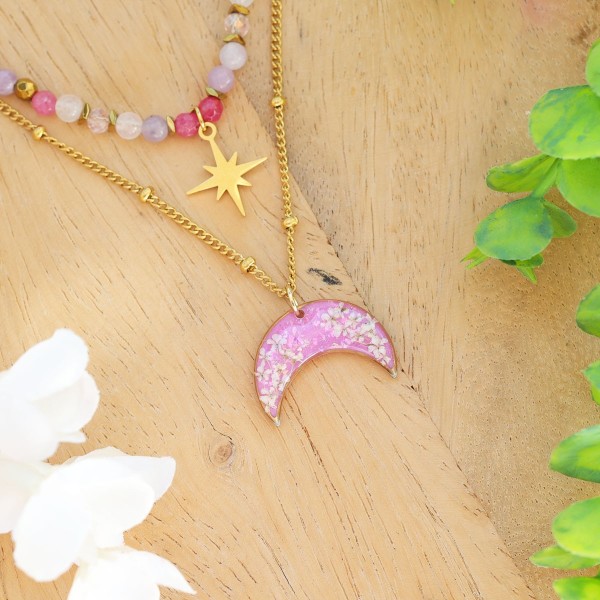 Double Lunula Necklace Full of Stones with Wild Carrot Flower