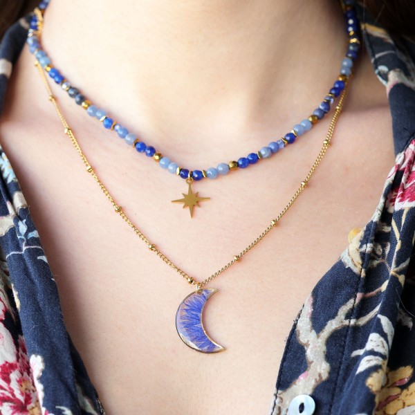 Double moon necklace full of stones with cornflower petals