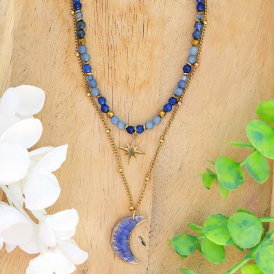 Double moon necklace full of stones with cornflower petals