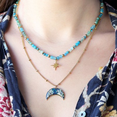 Podwójny naszyjnik lunula pełen kamieni z kwiatem dzikiej marchwi