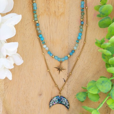Double Lunula Necklace Full of Stones with Wild Carrot Flower