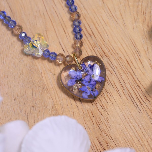 Heart necklace with forget-me-not and butterfly
