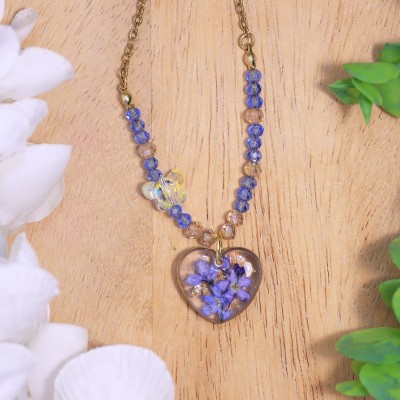 Heart necklace with forget-me-not and butterfly