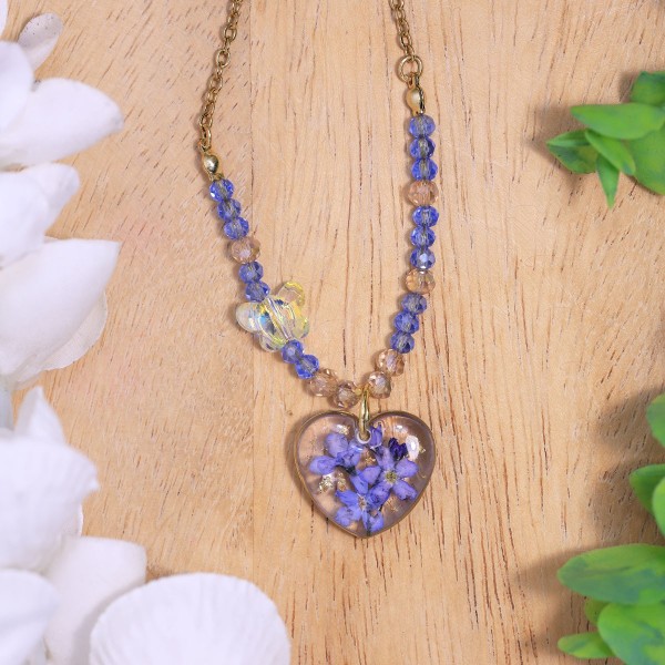 Heart necklace with forget-me-not and butterfly