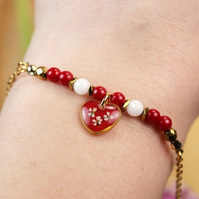 Blisko Serca - Kolekcja Walentynkowa. Bransoletka serce z kwiatami dzikiej marchwi