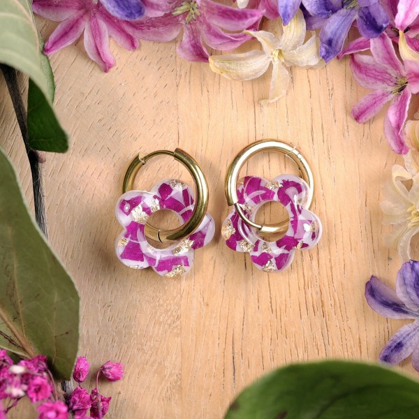 Flower earrings with peony petals and gold
