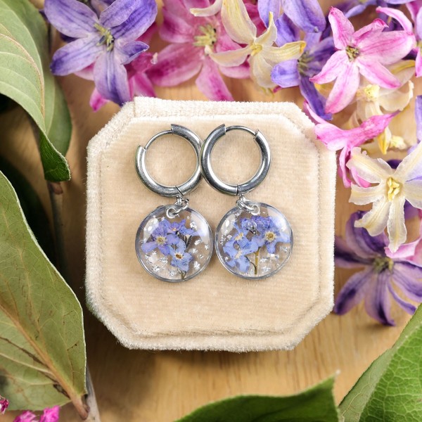 Classic earrings with forget-me-nots and silver flakes