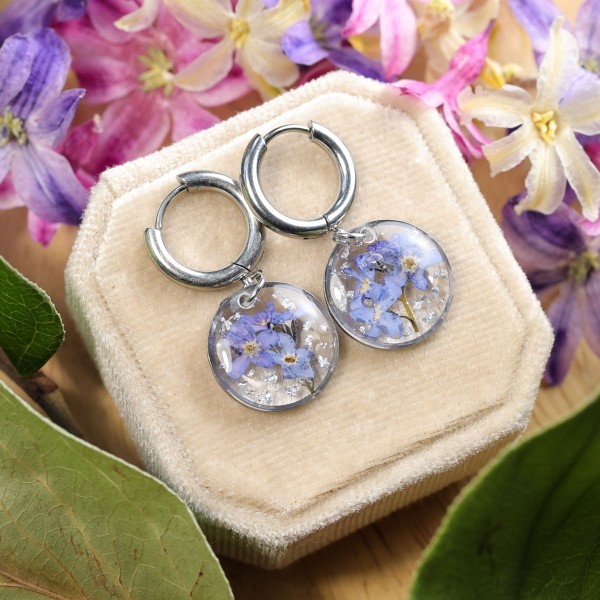 Classic earrings with forget-me-nots and silver flakes